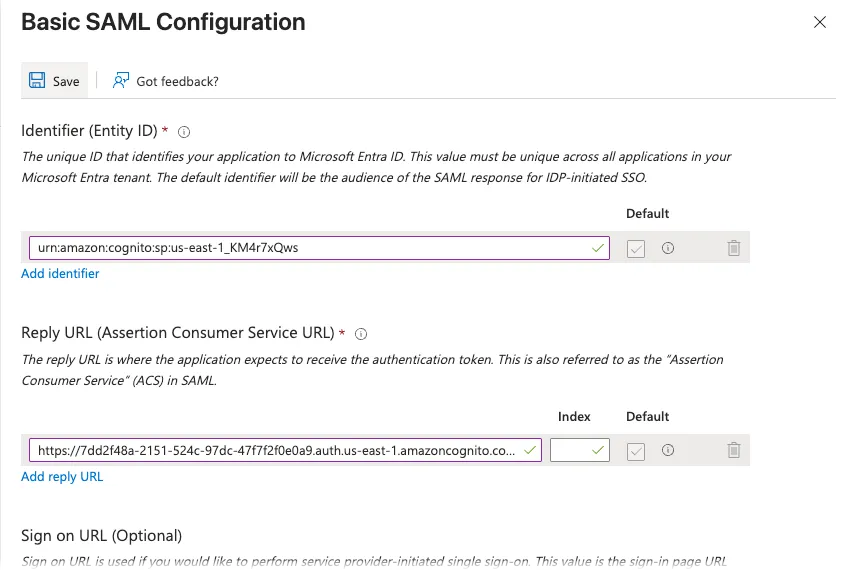 Basic SAML Configuration panel.