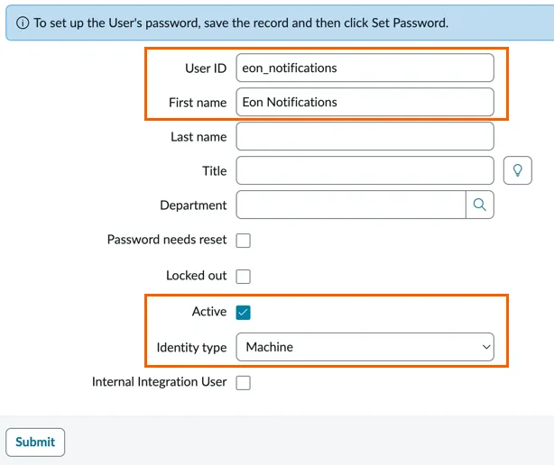 Screenshot of the ServiceNow User - New Record page showing User ID, First name, Identity type, and Active fields.