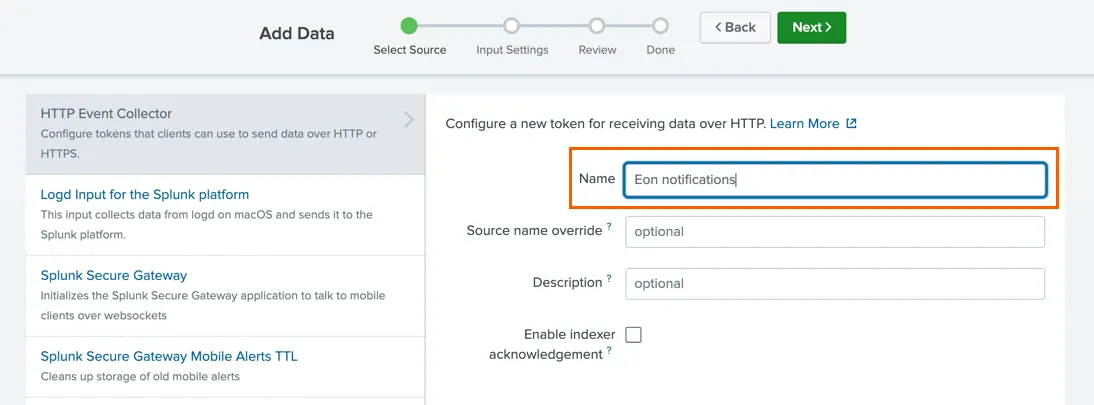 Screenshot of the Splunk Add Data wizard showing the token name field and Select Source step.