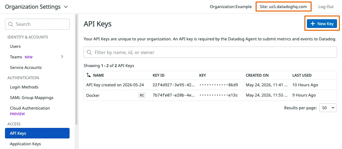 Datadog API Keys page with the Site indicator in the header and the New Key button highlighted.