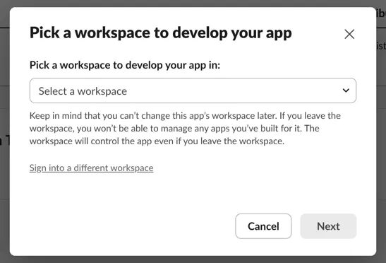 Slack's "Pick a workspace to develop your app" dialog