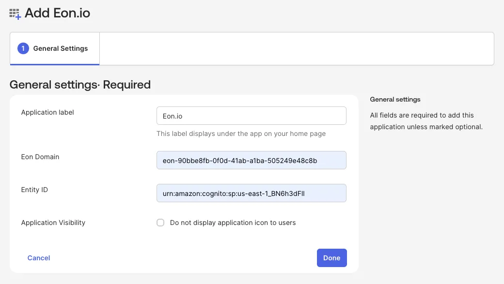 Okta Add Eon.io page showing General Settings fields.