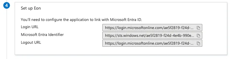 Set up Eon section showing Login URL, Microsoft Entra Identifier, and Logout URL fields with copy buttons.