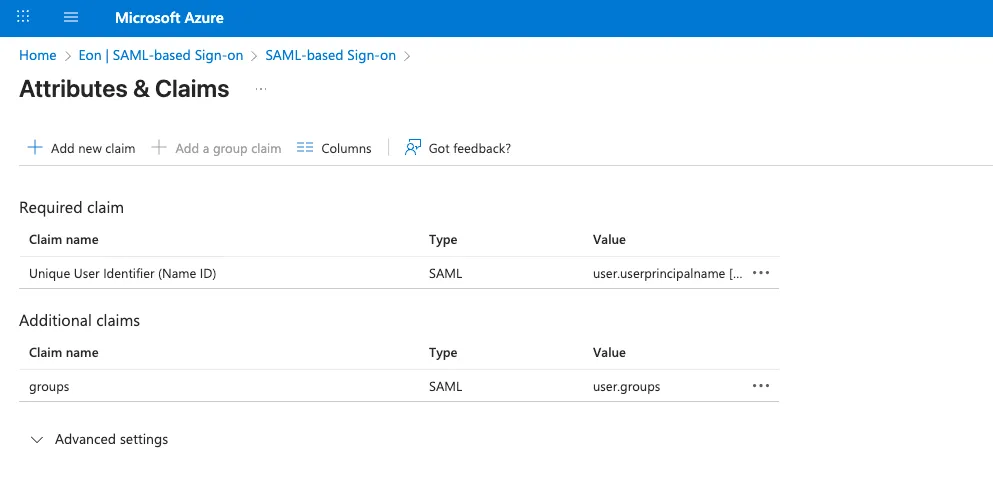 Attributes & Claims page showing required claim with user.userprincipalname and groups claim in additional claims.