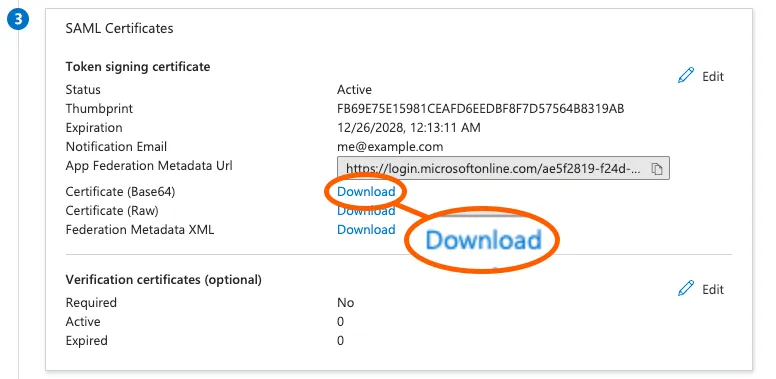 SAML Certificates section with Certificate (Base64) Download link highlighted.