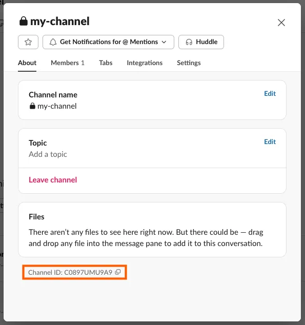 Channel ID is at the bottom of the channel management dialog