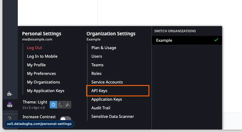 Datadog navigation menu showing the path from the user menu to Organization Settings and API Keys.