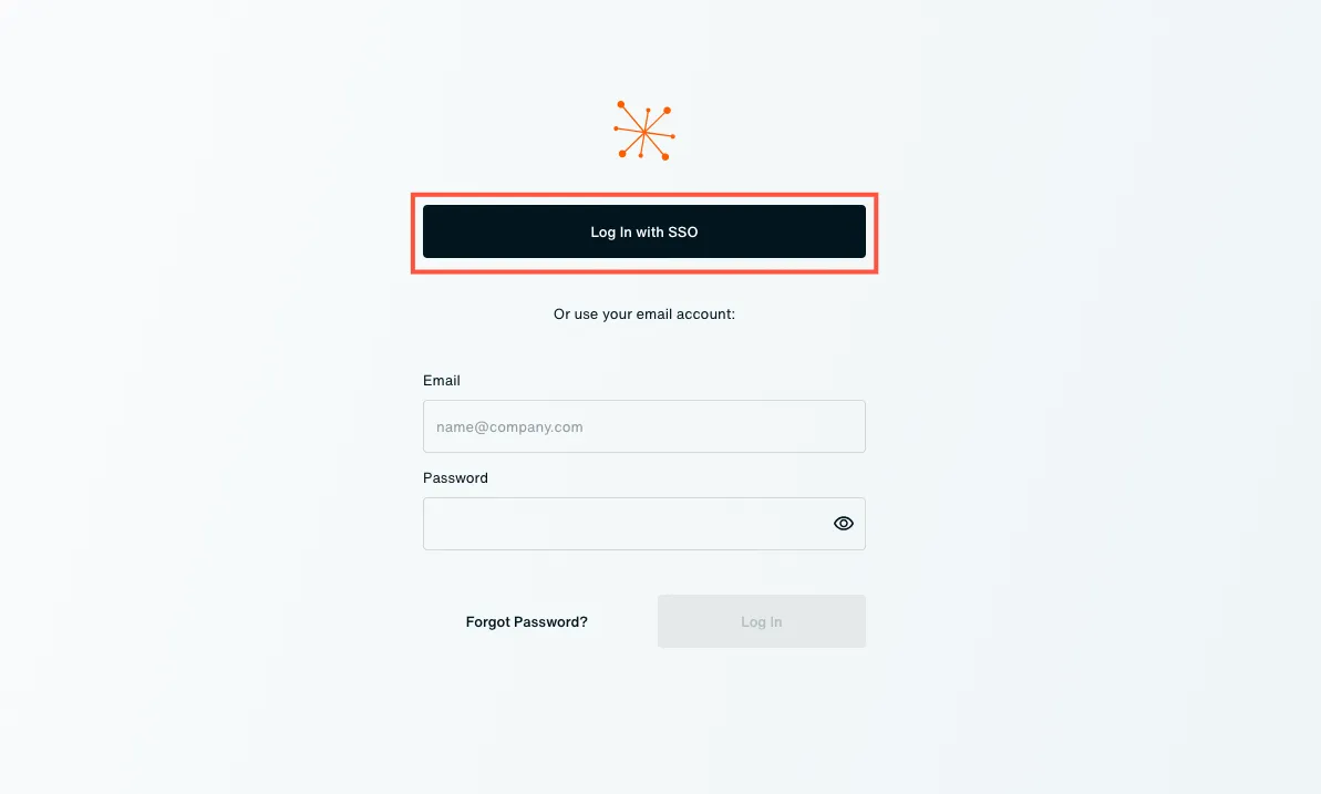 Eon login page with the Log In with SSO button highlighted above the email and password fields.