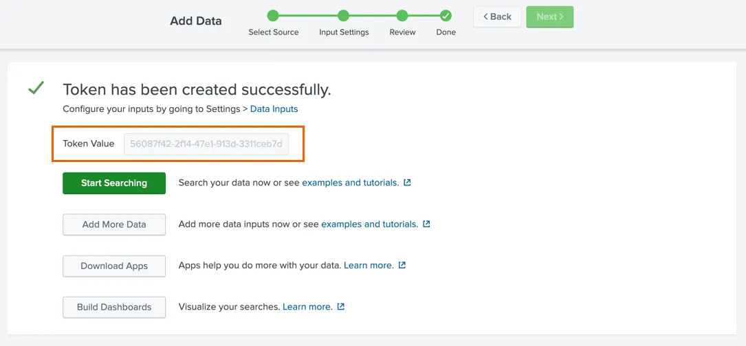 Screenshot of the Splunk HEC token confirmation page showing the generated token value.
